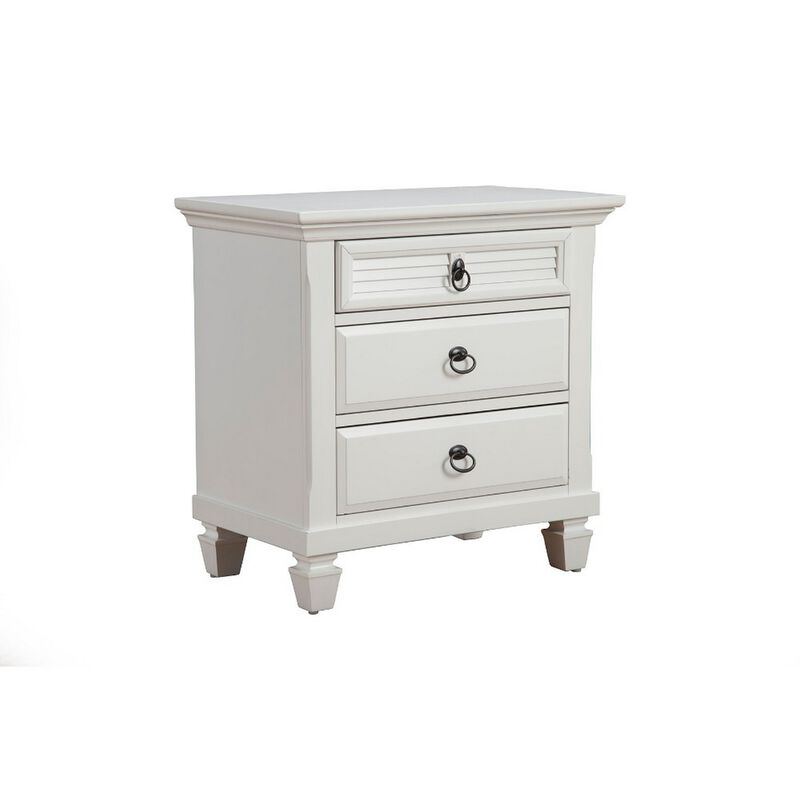 Pine Wood 3 Drawer Nightstand in White-Benzara