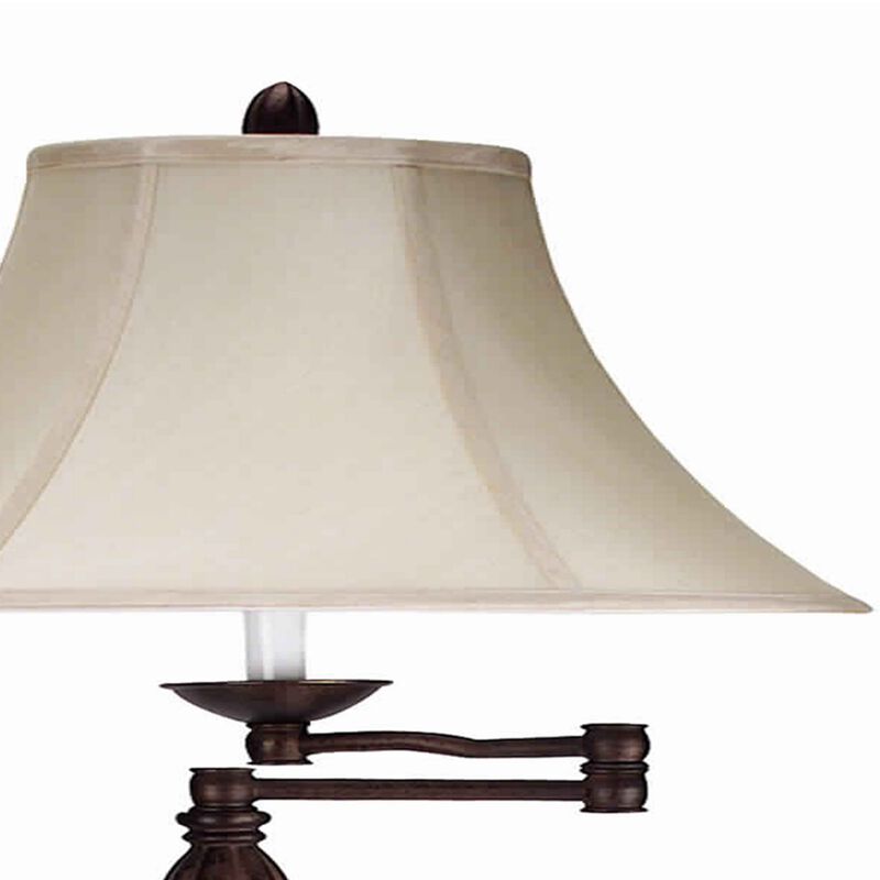 Swing Arm Metal Body Floor Lamp with Fabric Bell Shade, Bronze and Beige-Benzara