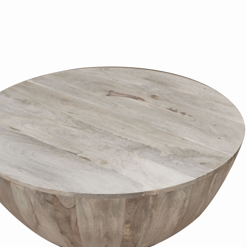 Arthur 35.5 Inch Round Mango Wood Coffee Table, Subtle Grains, Distressed White - Benzara