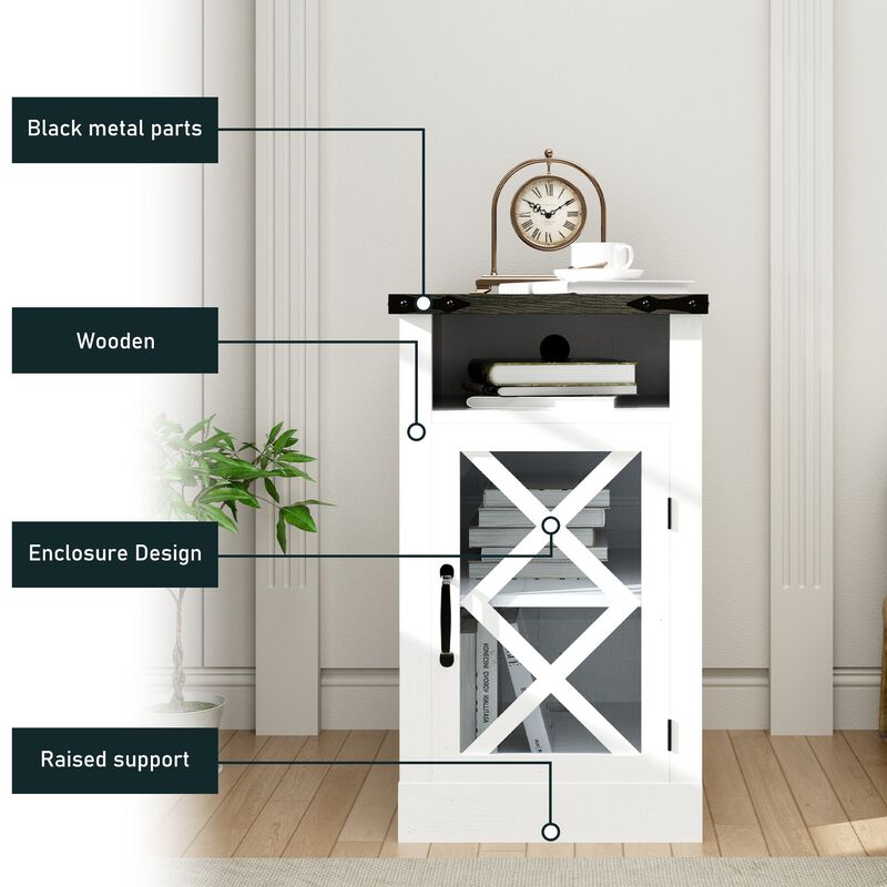 Mondawe Farmhouse Wooden Sofa Side Table,Bedside Table With Barn Door And Adjustable Shelf