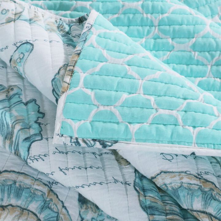 Hivvago Twin Coastal Seashells White Teal 2 Piece Polyester Reversible Quilt Set