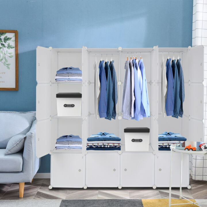 16-Cube Modular Wardrobe, 4-Layer Plastic & Steel Storage Organizer with 3 Hanging Rods
