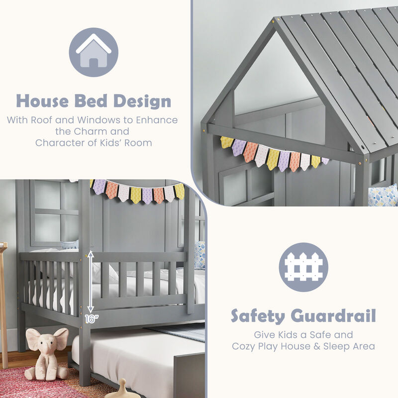 Twin Size Bed Frame House Bed with Trundle and 82 Inch Tall Roof