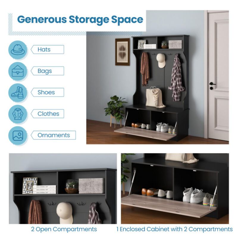 Hivvago 3 in 1 Coat Rack with Entryway Bench and Hooks and Enclosed Cabinet