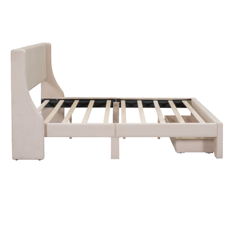 Queen Size Storage Bed Velvet Upholstered Platform Bed with a Big Drawer