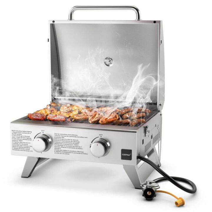 Costway Stainless Steel Propane Grill with Lid for Outdoor Camping Tailgating Picnic Party-Silver