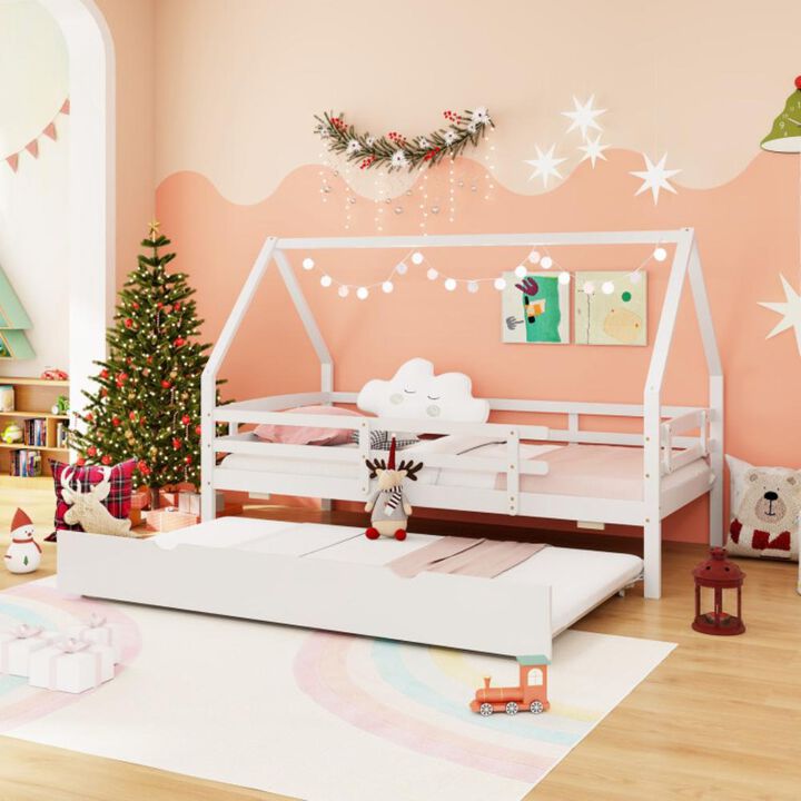 Hivvago Twin House Bed with Trundle and Fence Rail