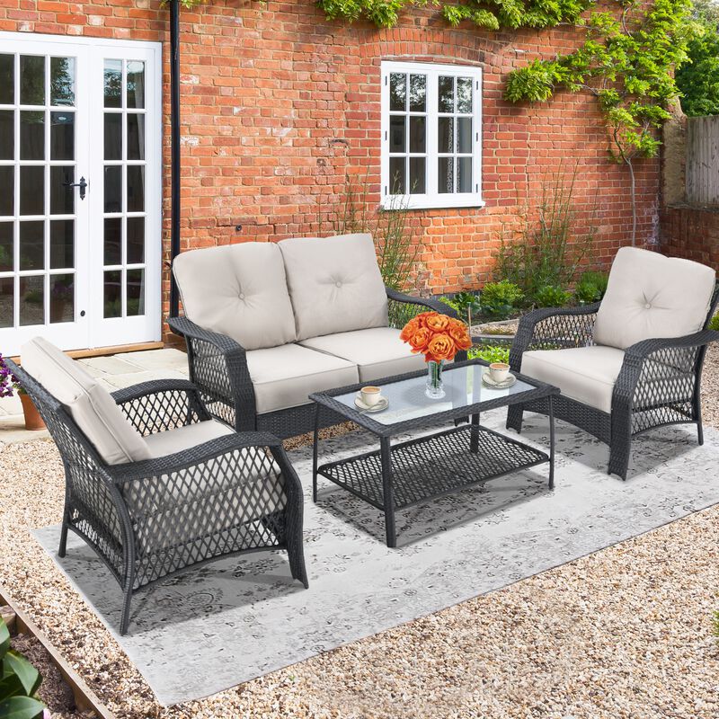4 Pieces Patio Wicker Furniture Conversation Sets with Coffee Table and Cushions