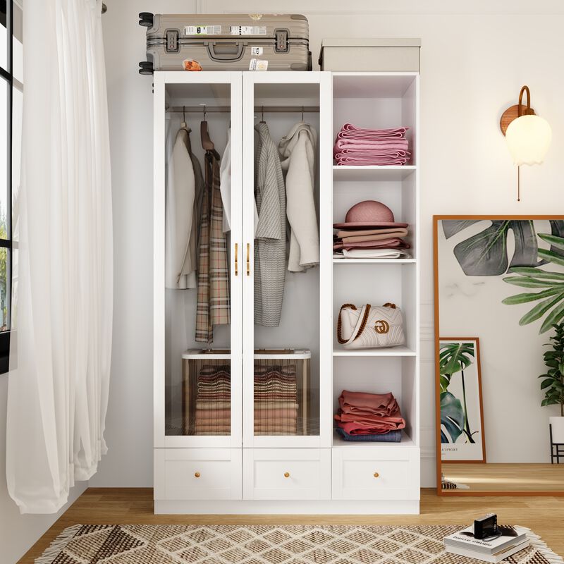 White Wood 47.2 in. W Tempered Glass Doors Armoires Wardrobe with Hanging Rods, 3-Drawers, Open Shelves 78.7 in. H