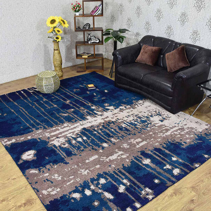 Rugsotic Carpets Hand Knotted Silk 6'x9' Area Rug Abstract Blue Beige NS1242