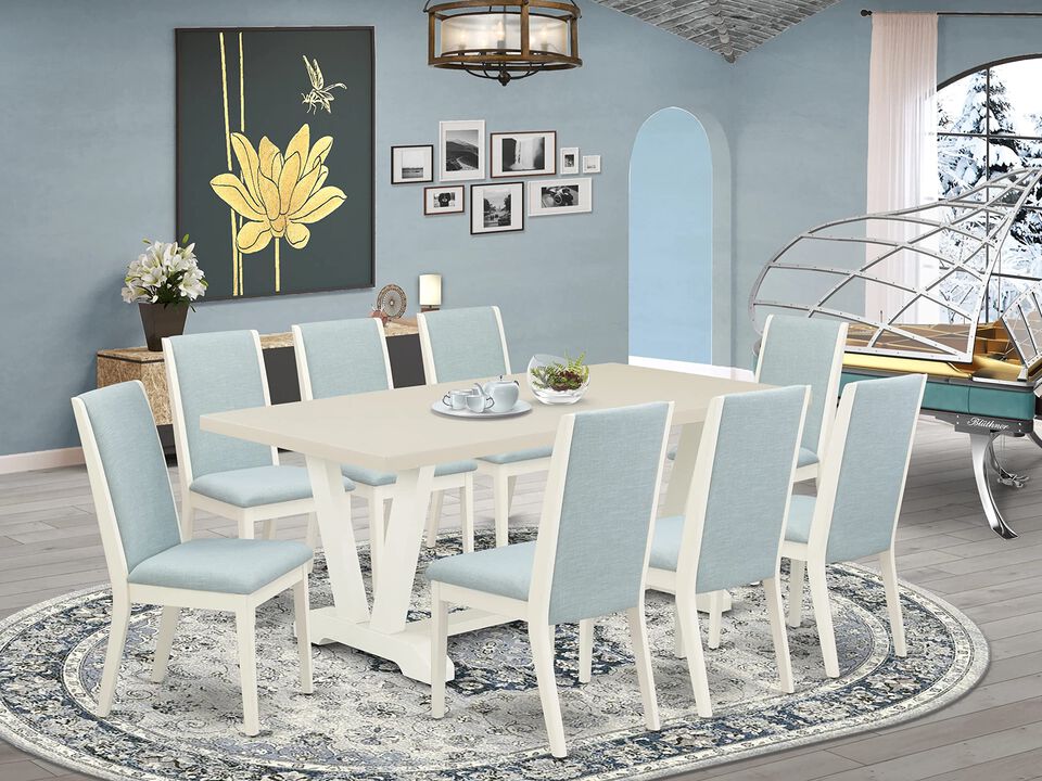 East West Furniture V027LA015-9 9Pc Dining Room Table Set Consists of a Rectangle Table and 8 Parsons Dining Chairs with Baby Blue Color Linen Fabric, Medium Size Table with Full Back Chairs, Wirebrushed Linen White Finish