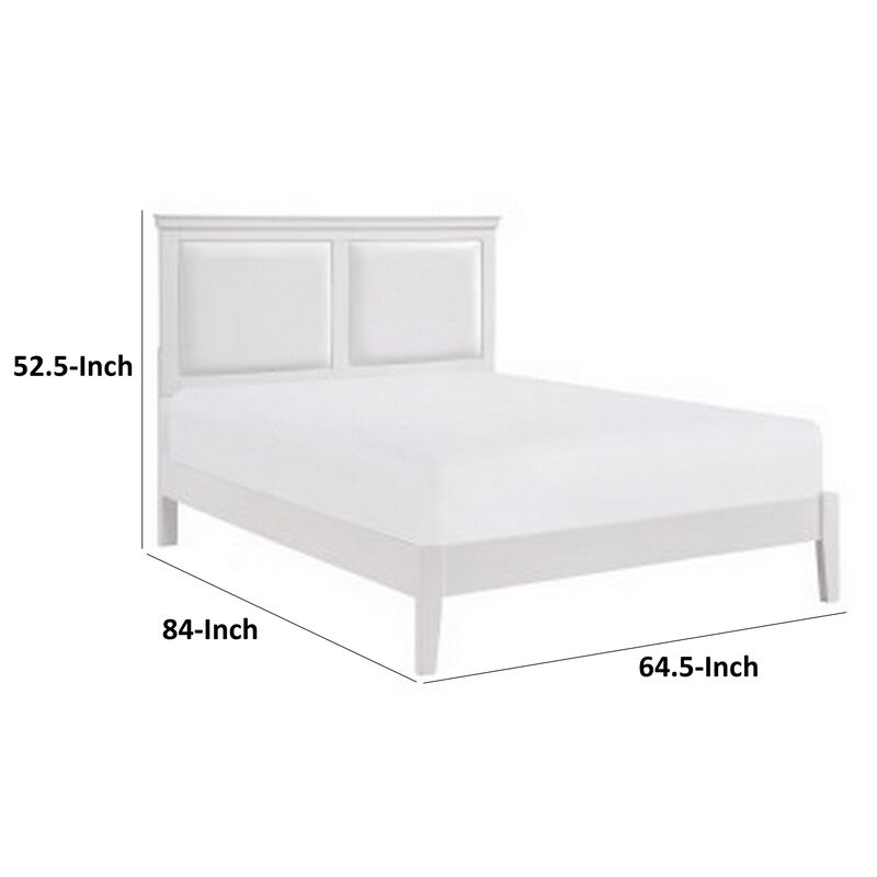 Brite Queen Size Bed, White Faux Leather Upholstered Headboard, Low Profile - Benzara