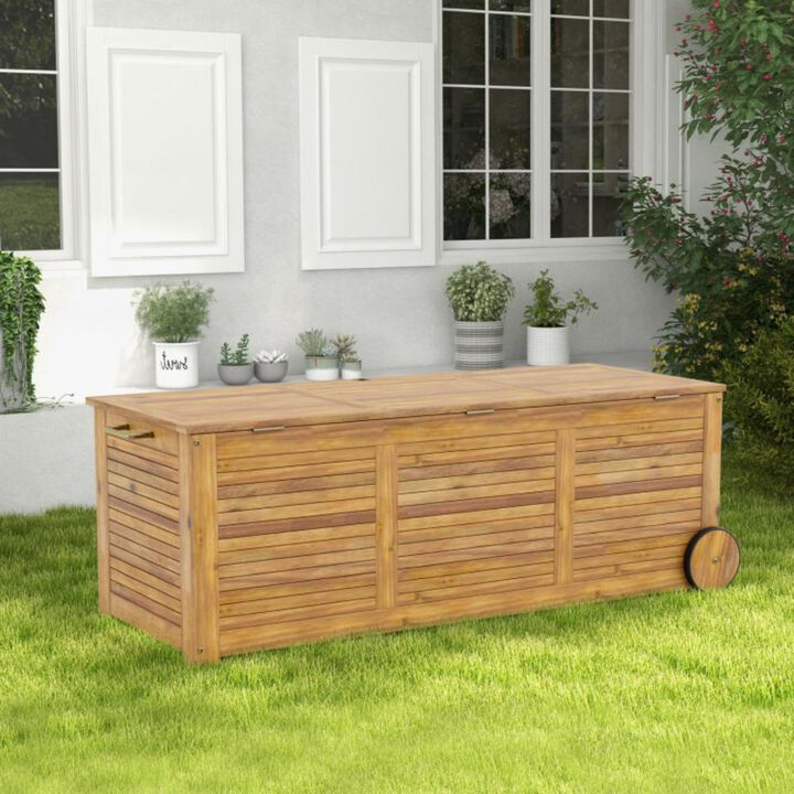 Hivvago Rolling Patio Wooden Deck Box with 2 Wheels and Side Handle for Outdoor