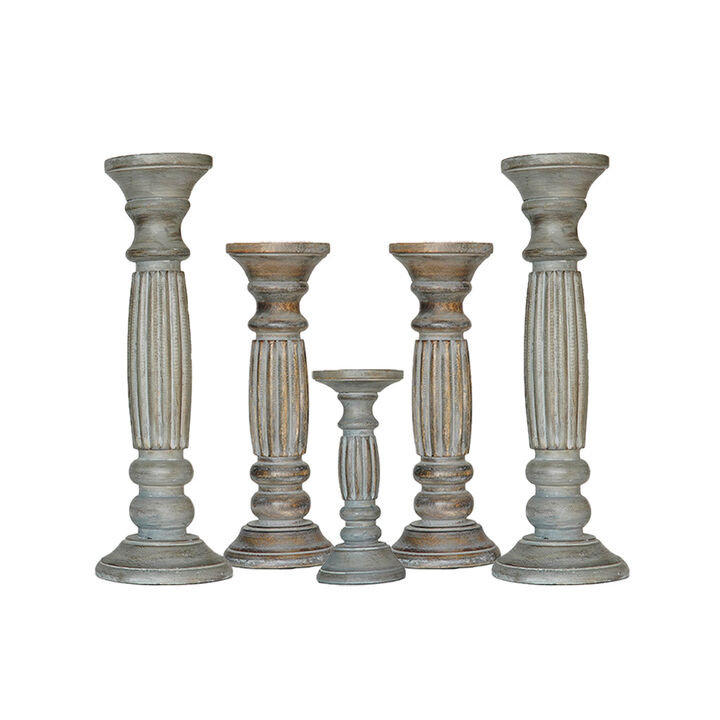 Traditional Antique Dusk Eco-friendly Handmade Mango Wood Set Of Five 15",12",9",12" & 15" Pillar Candle Holder