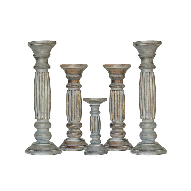 Traditional Antique Dusk Eco-friendly Handmade Mango Wood Set Of Five 15",12",9",12" & 15" Pillar Candle Holder