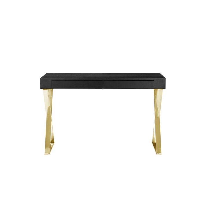 Ada Office Desk, 2 Drawers, Black Wood and Gold X Steel Legs, 47 Inch - Benzara