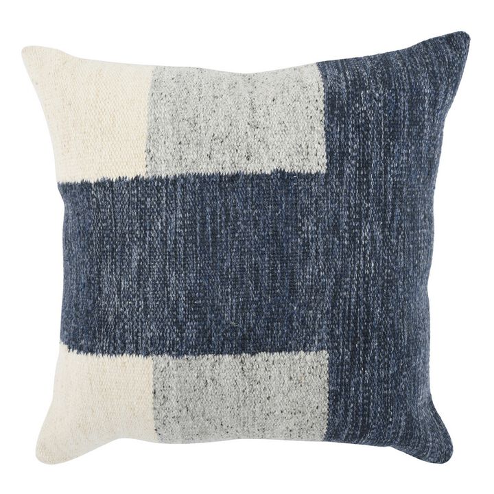22 Inch Square Accent Throw Pillow, Color Block Pattern, Blue, Gray, White-Benzara