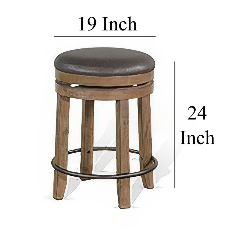 Yael Swivel Counter Stool Set of 2, Gray Faux Leather, Brown, Black - Benzara