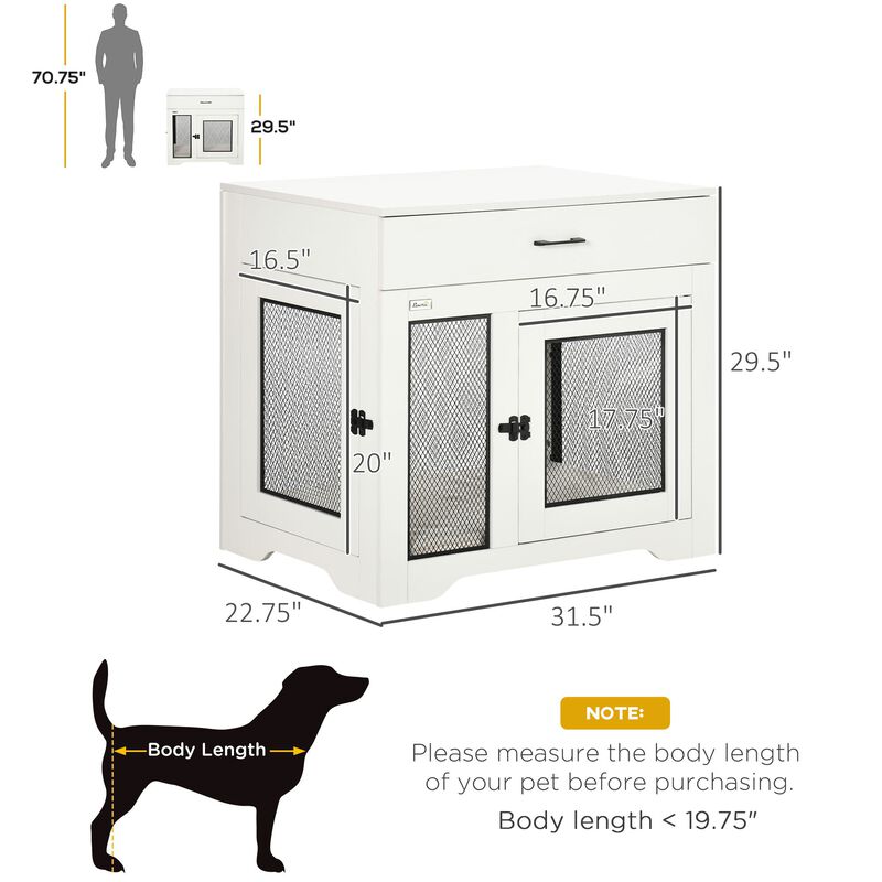 White Pet Furniture: Stylish Dog Crate End Table with Cushion & Drawer