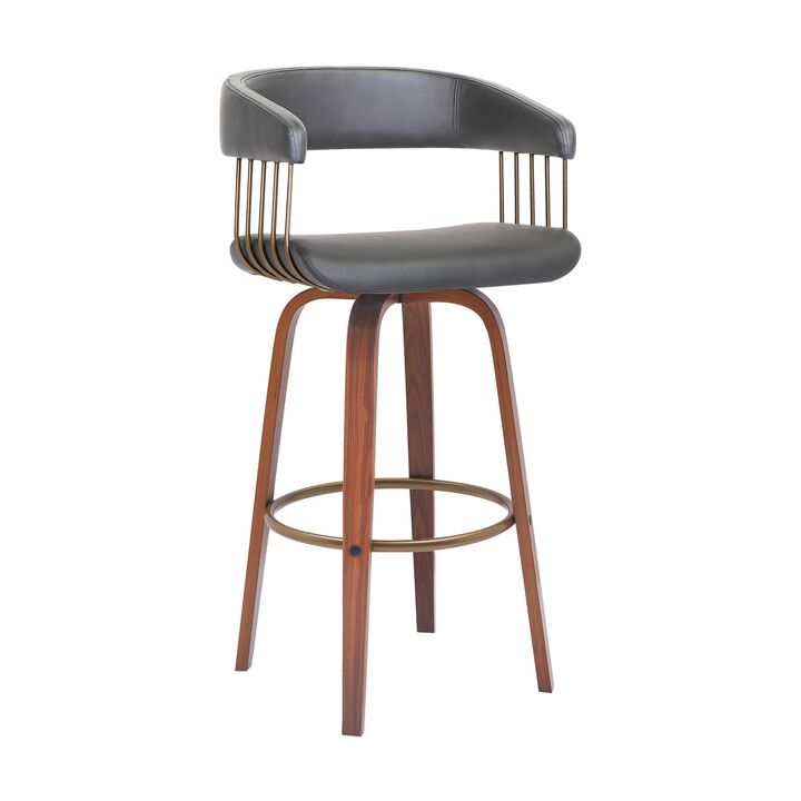 Maya 31 Inch Swivel Barstool Chair, Gray Faux Leather, Bronze, Walnut Brown - Benzara