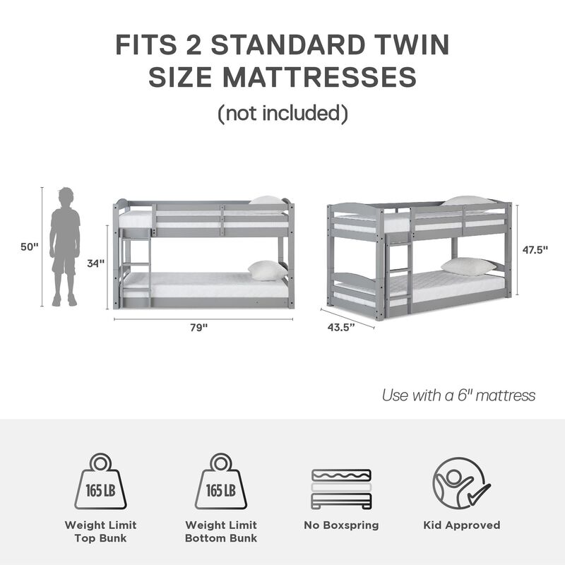 DHP Sierra Low Profile Twin over Twin Bunk Bed with Ladder, Gray