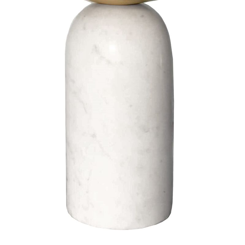 17 Inch Round Brass Modern Accent End Table with Cylindrical Marble Base, Brass, White-Benzara