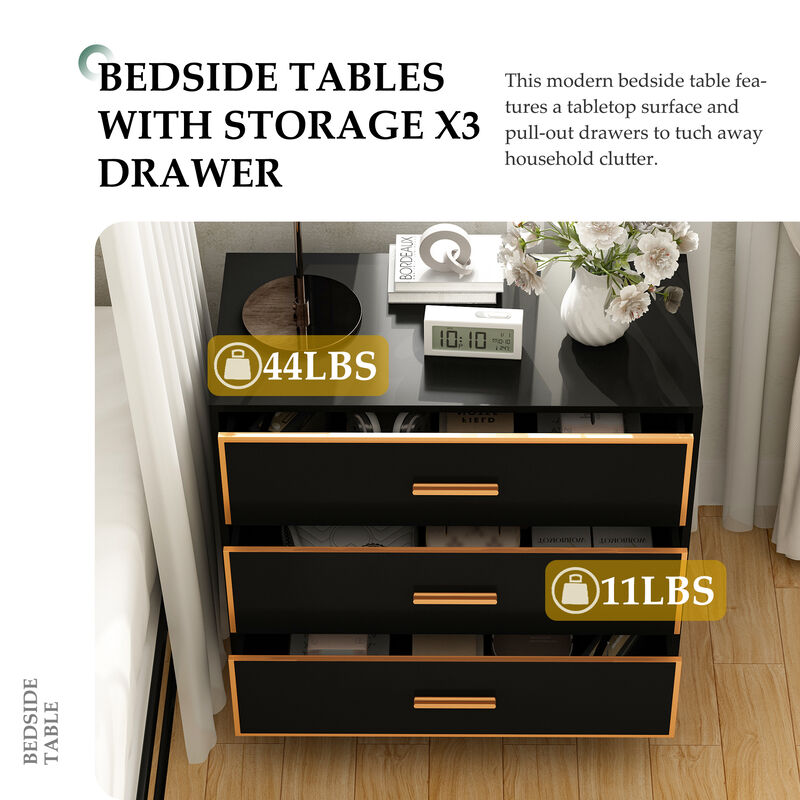 FUFU&GAGA Modern Black 3-Drawer Dresser with Gold Trim, Metal Handles & Base – Stylish Storage Cabinet for Bedroom(31.5"W x 15.7"D x 28.7"H),Black