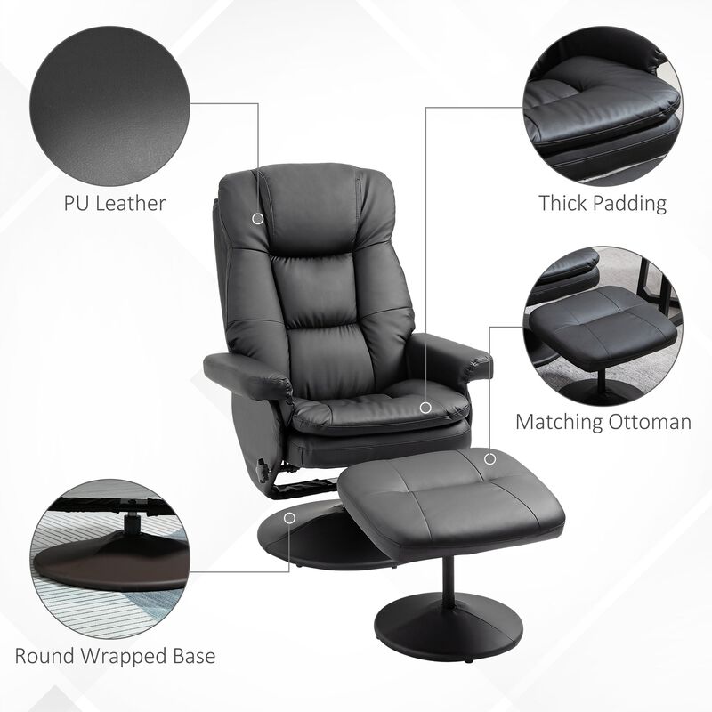 Black Relaxation Duo: PU Leather Recliner and Ottoman for Living Room