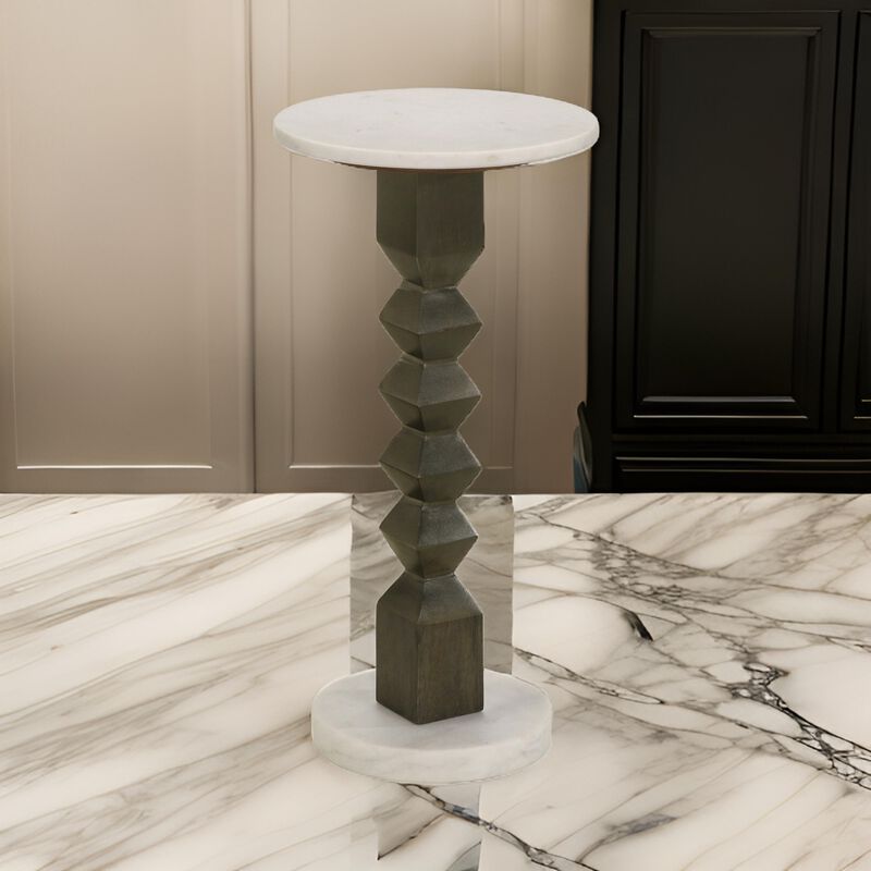 Drink Side Table, 11 Inch Round Marble, Spindle Pedestal Base, White, Gray - Benzara