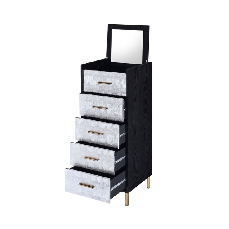 San 45 Inch 5 Drawer Jewelry Storage Chest, Gold Legs, Black and Silver-Benzara