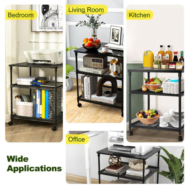 Hivvago 3 Tier Printer Stand Rolling Fax Cart with Adjustable Shelf and Swivel Wheels