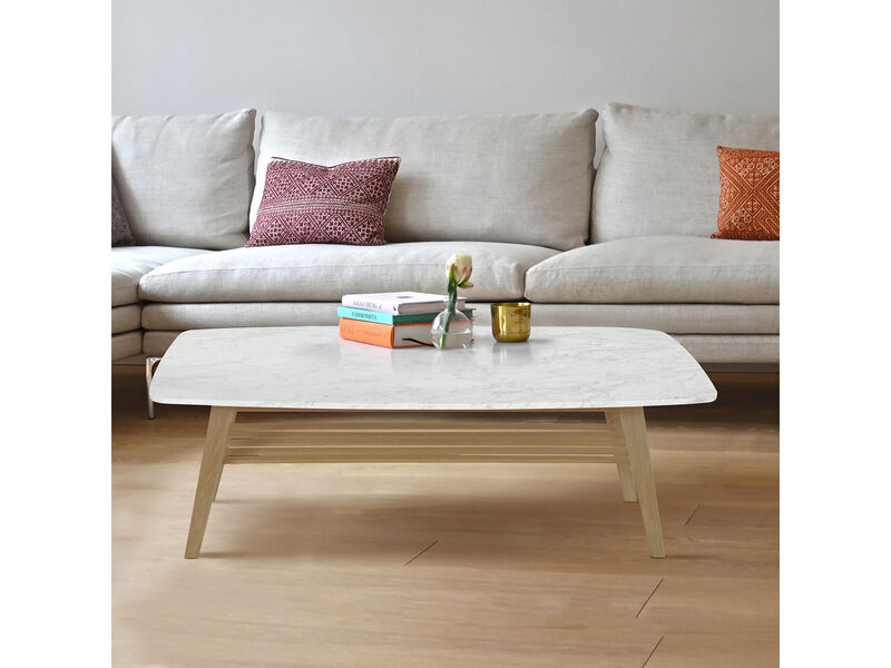 Laura 43" Rectangular Italian Carrara White Marble Coffee Table with Shelf