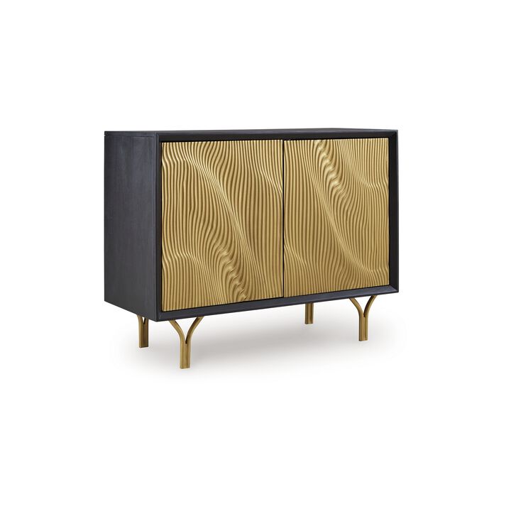Yien Sideboard Console, 2 Carved Doors, Gold Legs, Black Wood 40 Inch - Benzara
