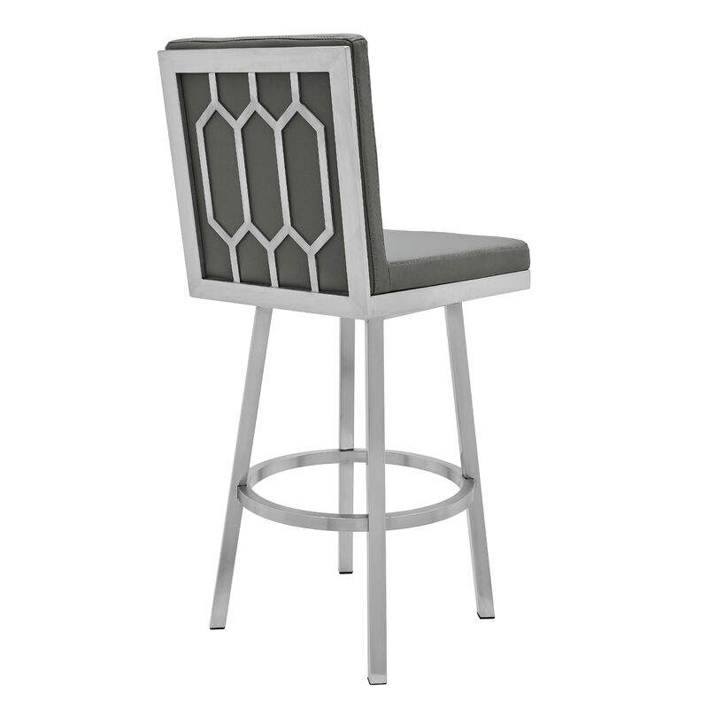 30 Inch Swivel Vegan Faux Leather Cushion Bar Stool, Gray-Benzara