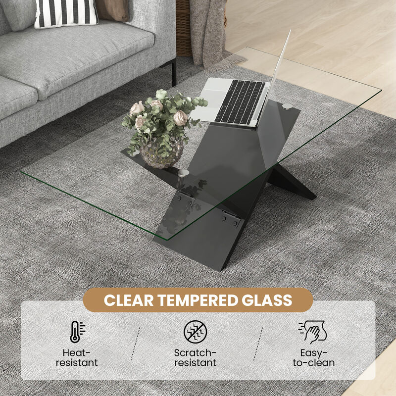 Modern Rectangle Glass Coffee Table Stylish Center Table with Tempered Glass Top