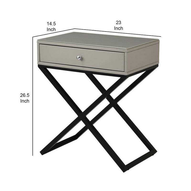 Zeno 27 Inch 1 Drawer Nightstand, Glass Top, Black Metal Cross Legs, Taupe-Benzara