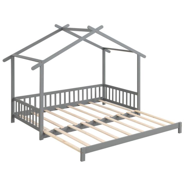 Hivvago Extendable House Bed Twin to King Daybed with Roof and Fence Rails
