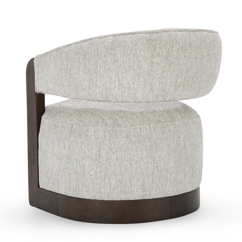 Zinn Swivel Accent Chair, Brown Ash Wood, Gray Channel Tufted Boucle - Benzara