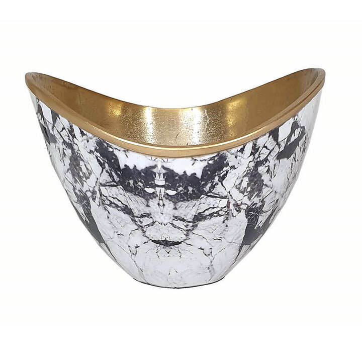 Sinzo 10 Inch Curved Bowl, Gold Aluminum, Textured Design, Black, White  - Benzara