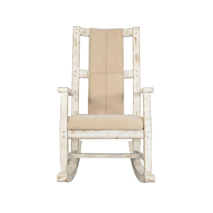Rena Rocking Chair, Cushion Seat and Back, White Mahogany Mindy Wood - Benzara