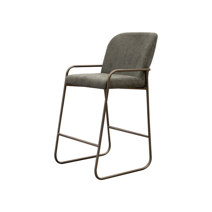 Suze Barstool Chair with Arched Back, Gold Iron, Olive Green Polyester  - Benzara
