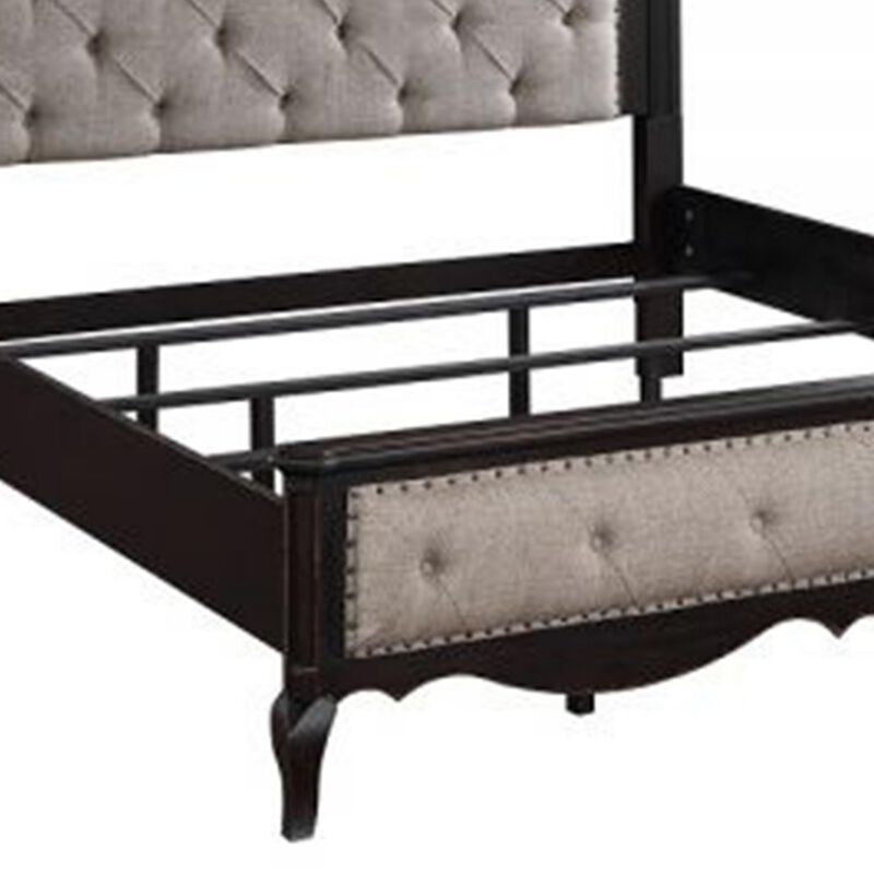 Benjara Chery Queen Size Bed with Button Tufted Headboard, Upholstery, Beige, Black