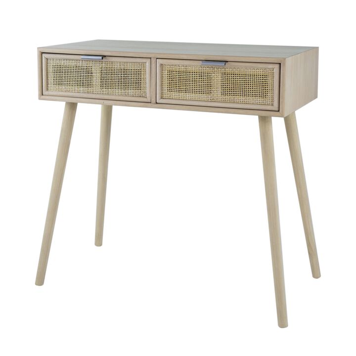 Pia 32 Inch Wood Console Table, 2 Drawers, Woven Rattan, Natural Brown-Benzara
