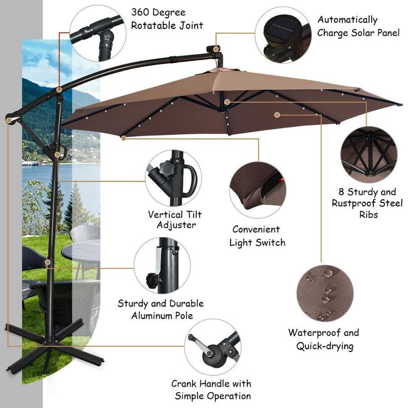 10 ft 360° Rotation Solar Powered LED Patio Offset Umbrella without Weight Base