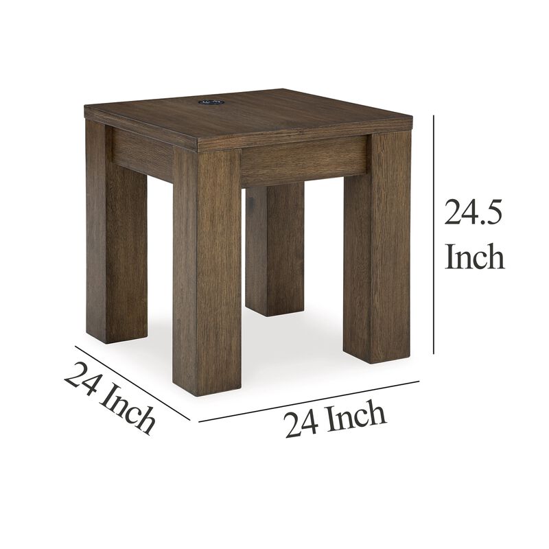 Wain Side End Table, Wireless Charging, Rectangular 24 Inch Brown Wood - Benzara