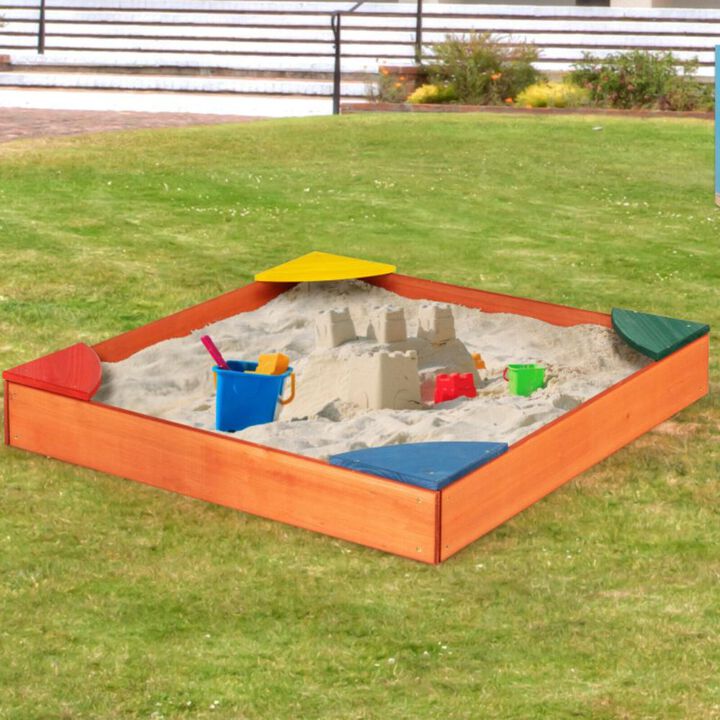 Hivvago Kids Outdoor Wooden Backyard Sandbox with Built-in Corner Seating
