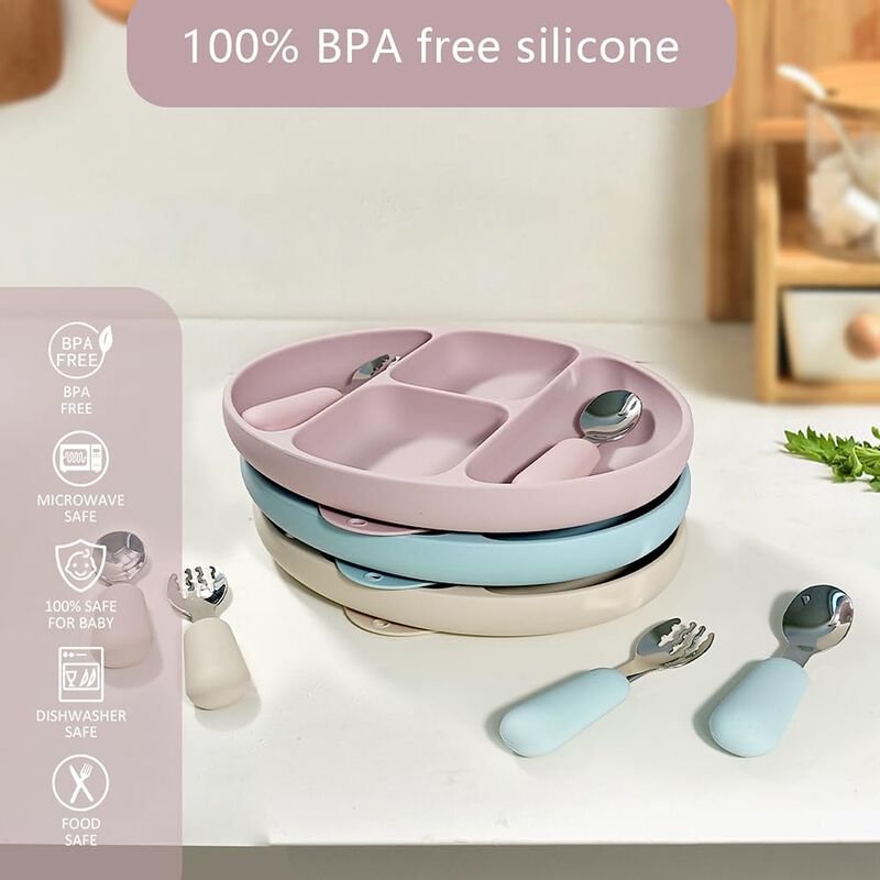 Silicone Suction Baby Feeding Set – Includes Divided Bowl, Plate, Spoon & Fork – BPA-Free, Non-Toxic, and Kid-Safe Tableware (Pink).