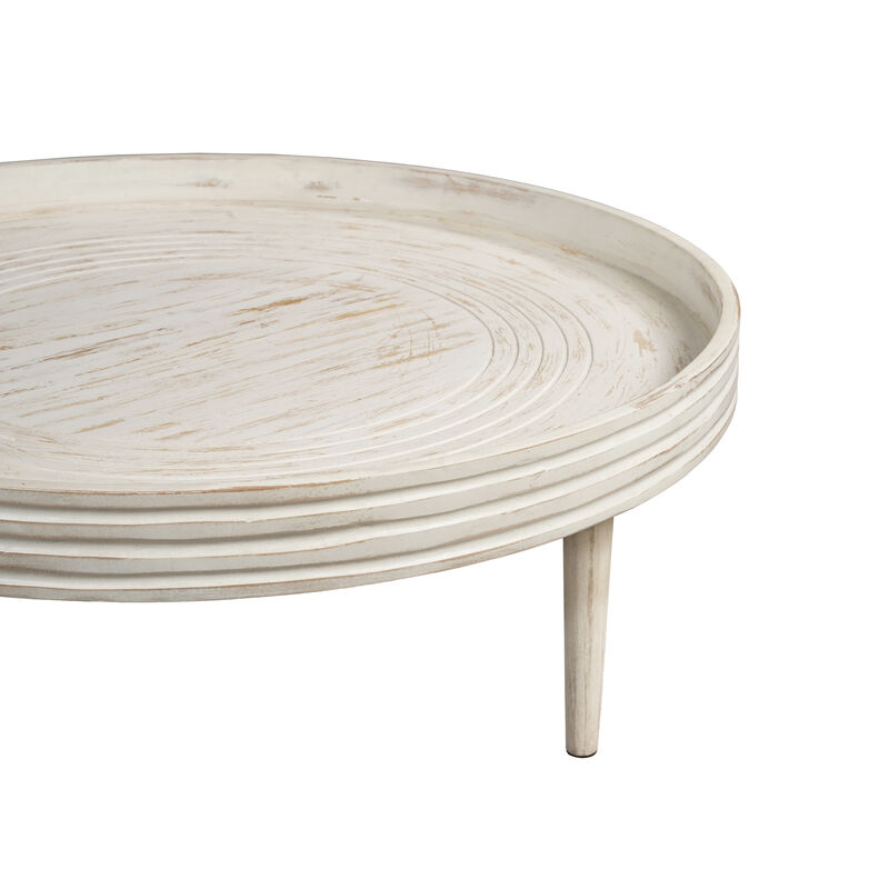 33 Inch Coffee Table, Solid Mango Wood, Handcrafted Round Grooved Raised Edge, Distressed White - Benzara