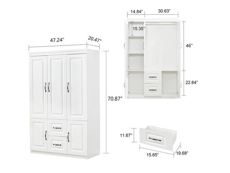 Armoire Wardrobe Closet with 3 Door and 2 Drawers Tall Cabinet for Large Capacity, Closet Wardrobe Cabinet with Hanging Rail and Metal Handle White for Bedroom 47.2" W x 20.5" D x 74" H
