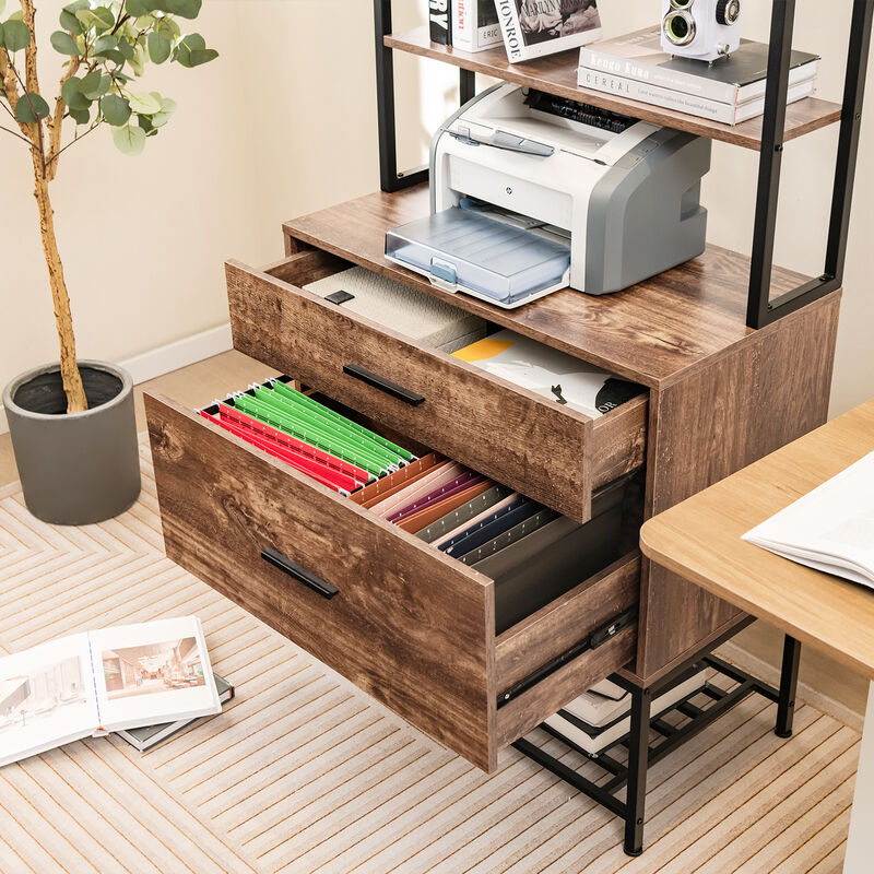 Freestanding File Cabinet with Charging Station and 3-Tier Open Shelves